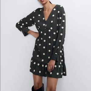 Zara style 0097/021/505 - olive long sleeve mini dress with white pom poms